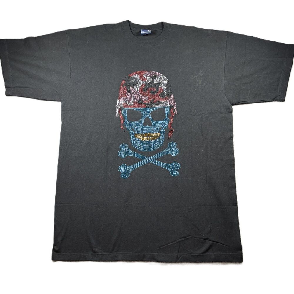 Deluxe by LG Men Vintage Y2K T-Shirt Skull Helmet Camouflage Studded 2XL K143